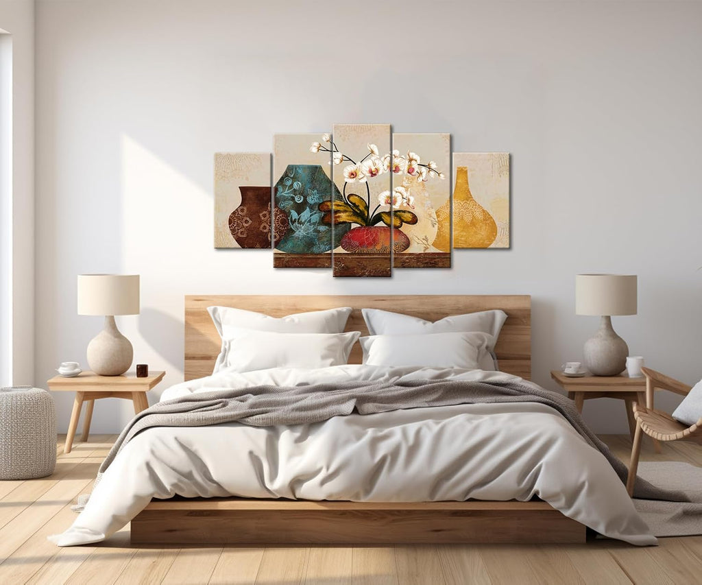 5 Piece Orchid Wall Art Canvas Vintage Flower in Retro Vase Picture Artwork Farmhouse Still Life Painting Prints