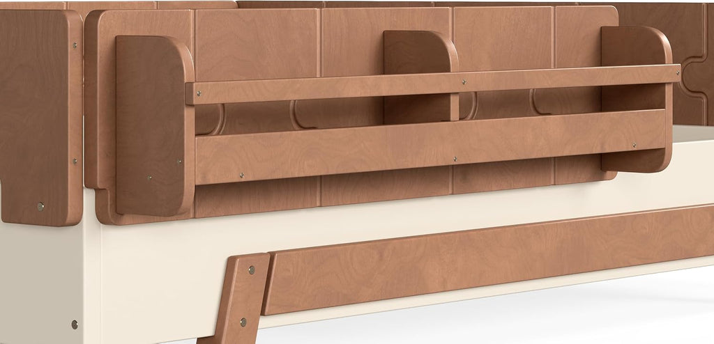 Montessori Floor Bed with high 15.4' Rails, Wood Floor Bed with slats and a Bookshelf, Beige & Deep Natural