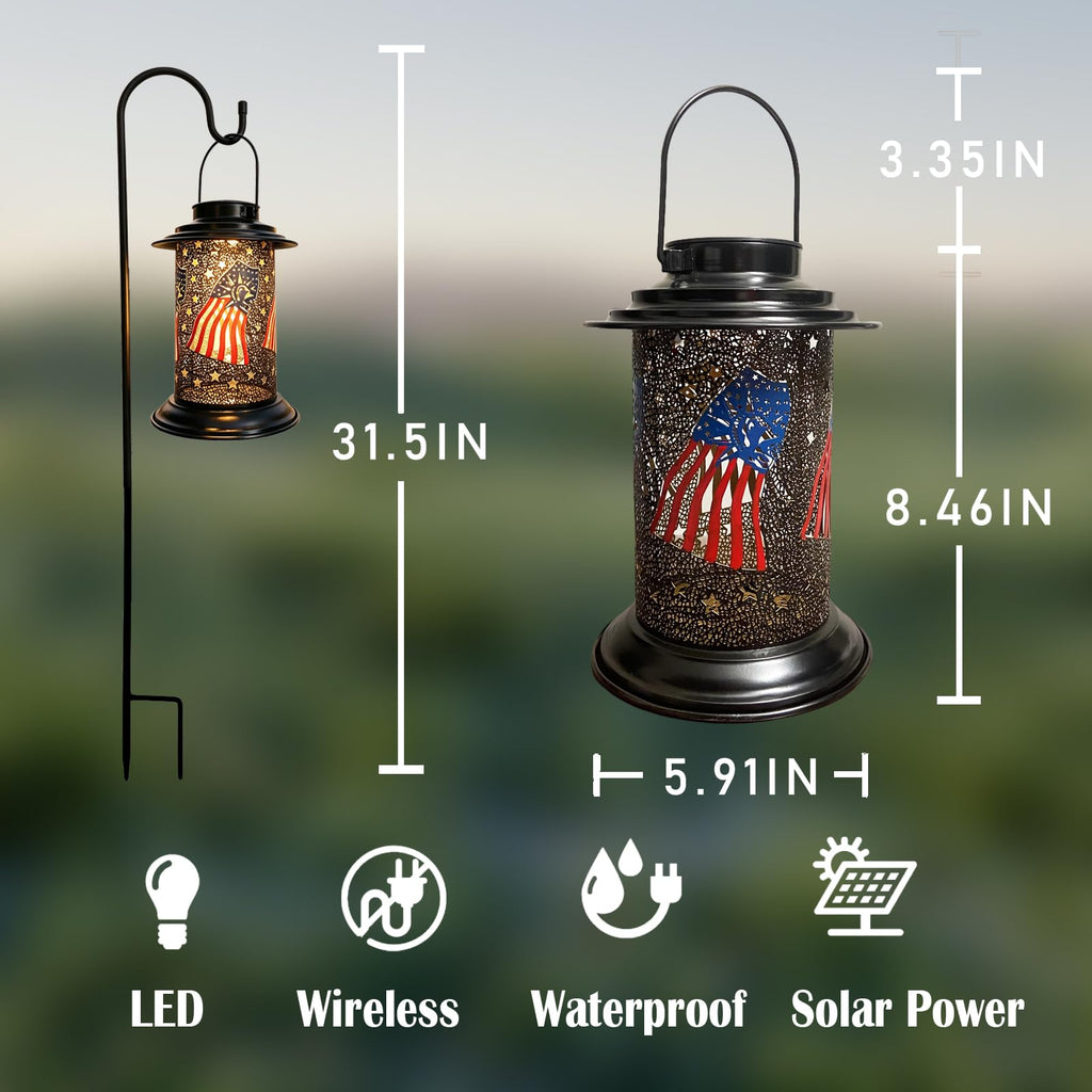 Patriotic Solar Lantern Outdoor American Flag Pattern with Shepherds Hook