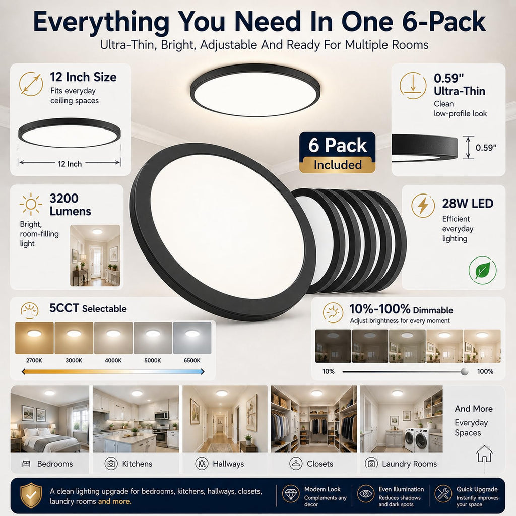 6-Pack 12 Inch Dimmable LED Flush Mount Ceiling Light 5CCT Selectable, 28W Super Slim 0.59"