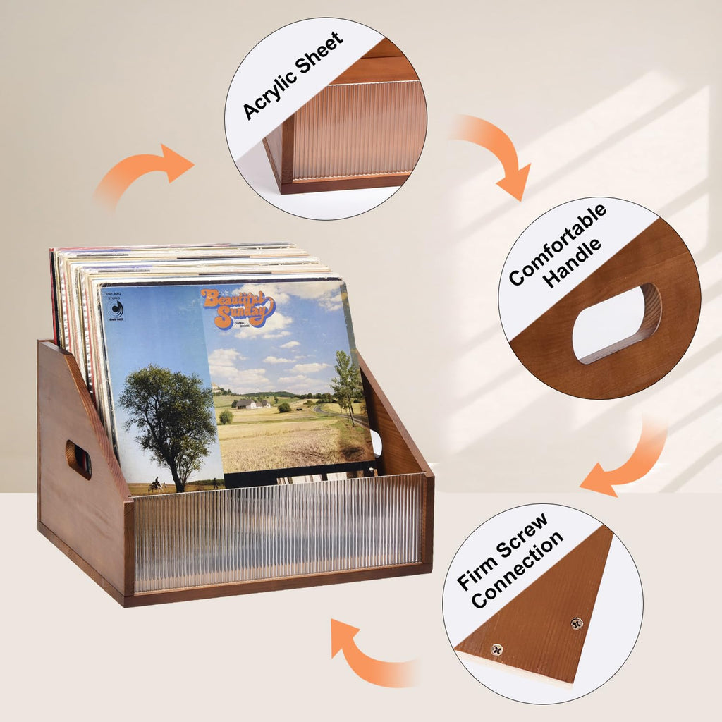 Vinyl Record Storage Crate, Solid Pine Wood Record Box Holds Up to 60 LP Albums, Wooden Vinyl Record Holder with