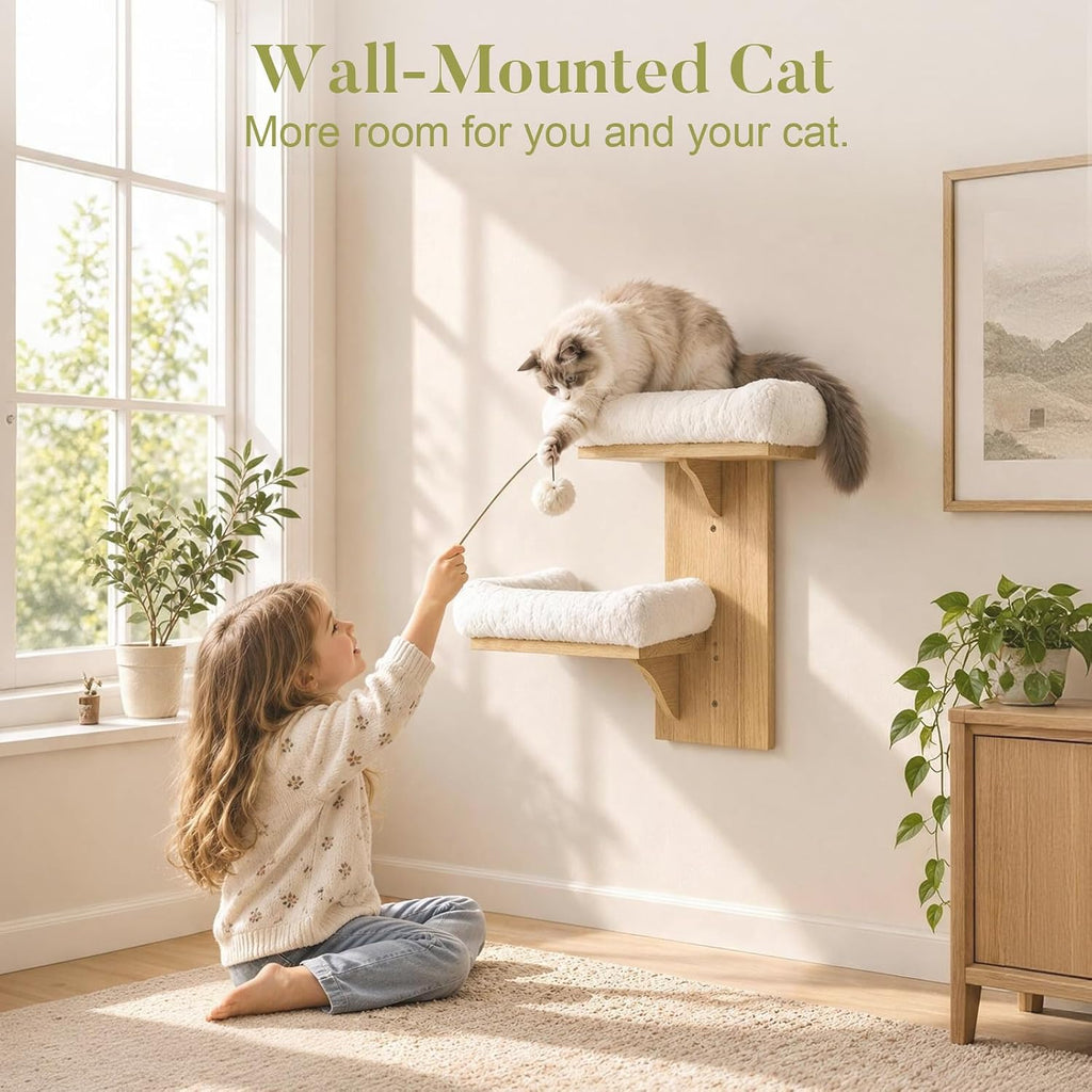 2-Tier Cat Wall Shelves with Bolstered Bed, Solid Wood Wall Mounted Cat Steps and Perch for Single Stud Drywall