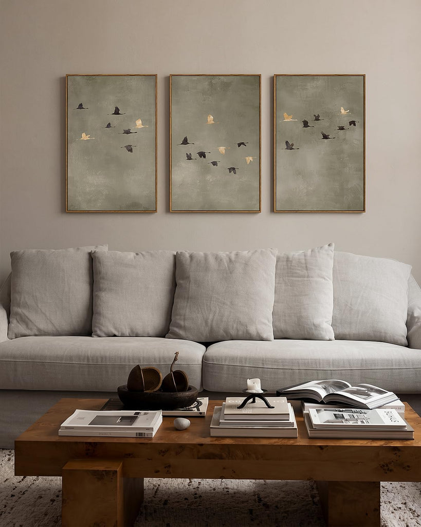 Extra Large Framed Canvas Wall Art, Living Room Minimalist Abstract Neutral Decor, Sage Green, 3 Pcs Flying Birds