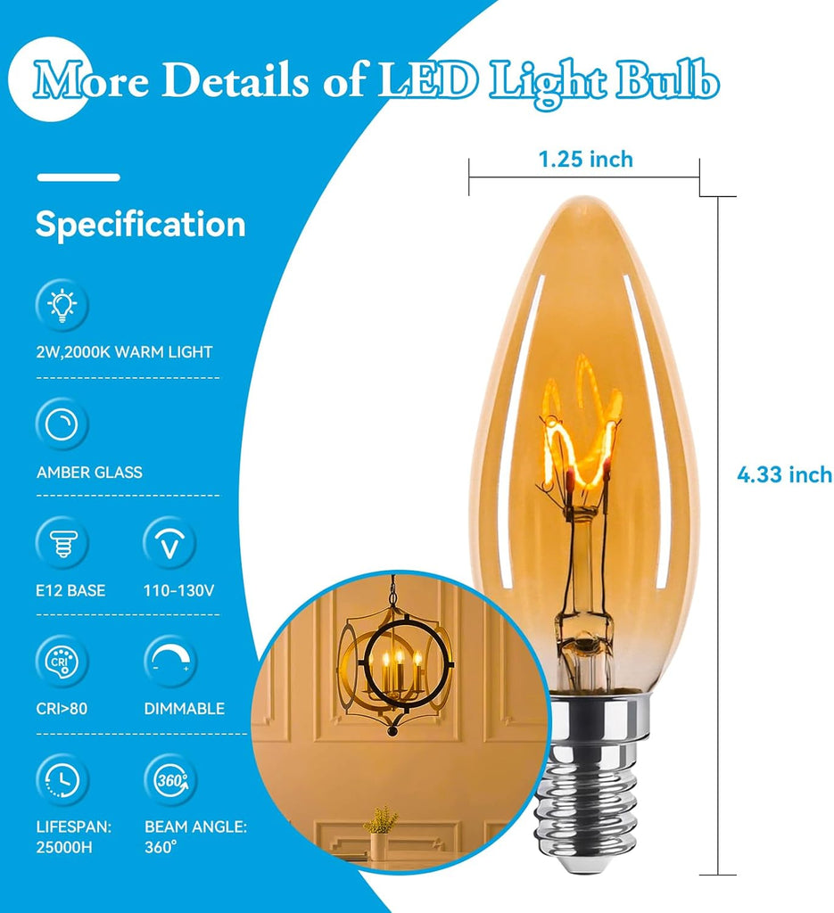 Amber Candelabra Bulb 25W Eq E12 LED Ultra Fine Filament 2000K Dimmable 6PK