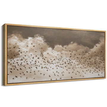 Extra Large Framed Canvas Print Wall Art Flock of Birds Over Clouds Neutral Monochrome Sky Fine Art Illustrations