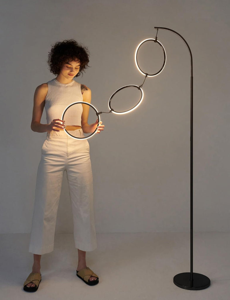 Nova Modern Floor Lamp Matches Living Room Décor - Contemporary Arc Tall Lamp with 3-Circle Ring-Style Pendant