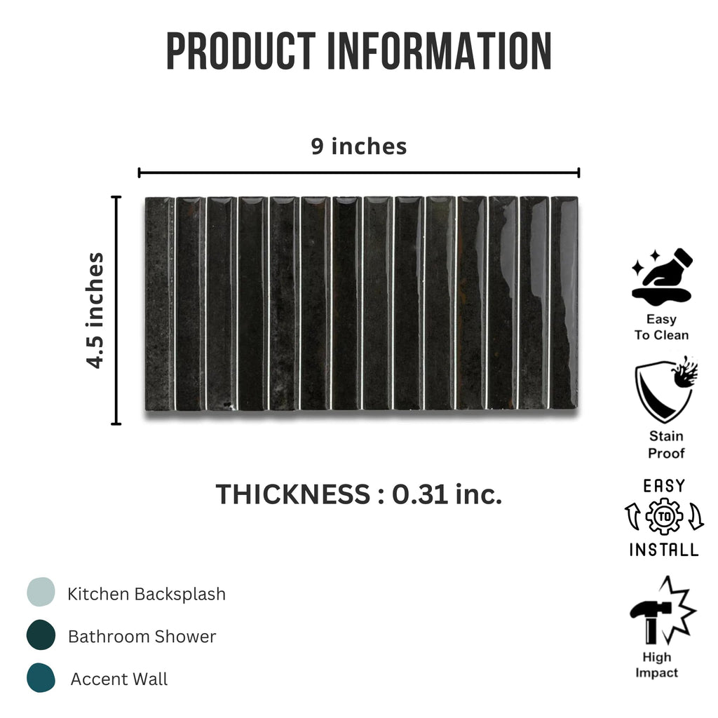 Scandia Glossy Black 4.5x9 Ribbed Porcelain Wall Tile, 3D KitKat Fluted Decorative Tile Backsplash, Bathroom, Shower