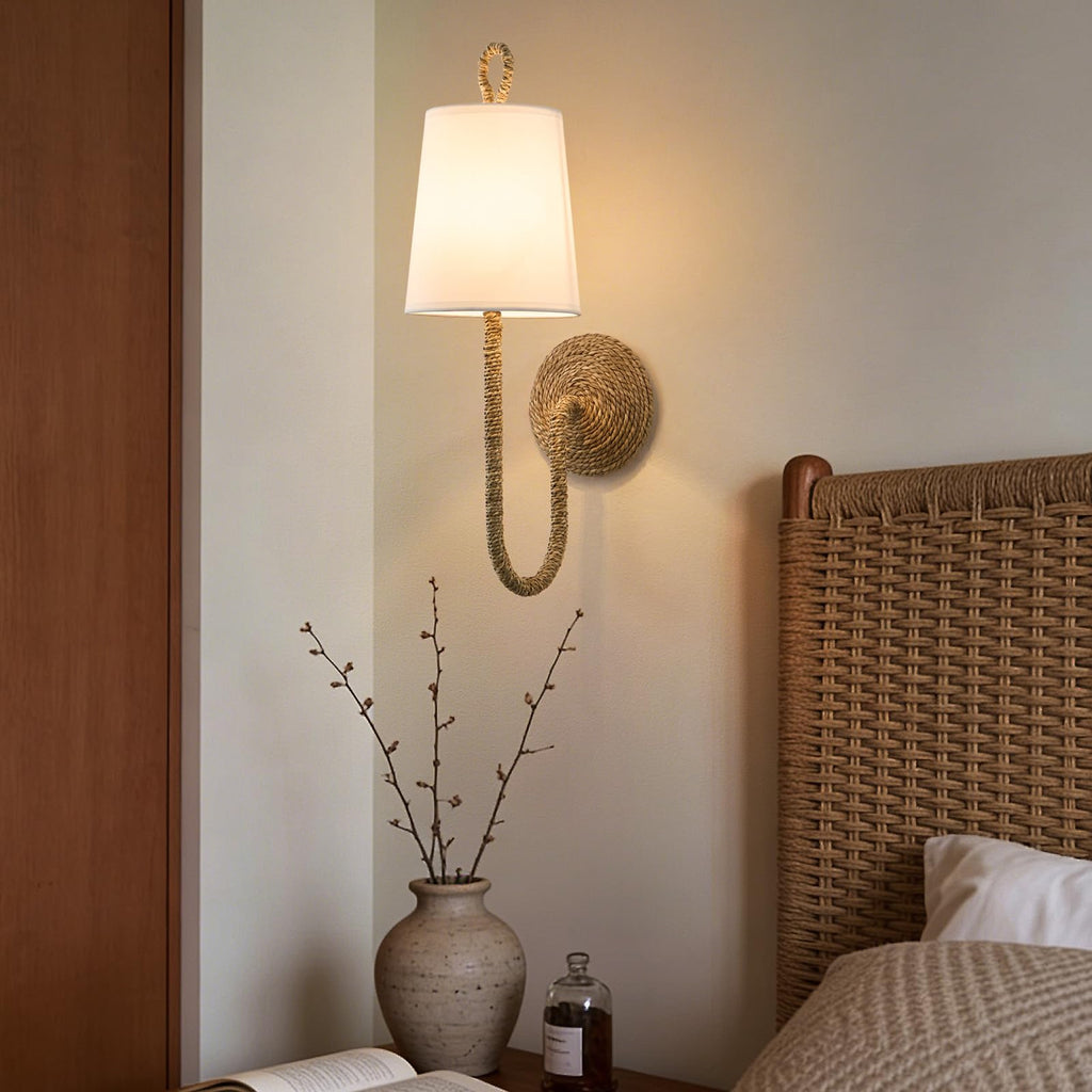 Boho Coastal Rattan Wall Sconce: Set of 2 Wicker Hardwired Bathroom Lights