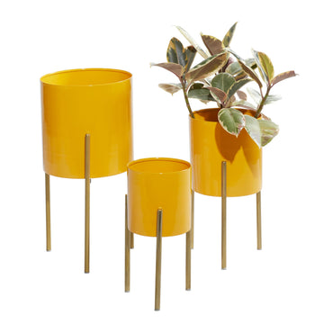 Metal Indoor Outdoor Planter Large Planter Pot with Removable Stand, Set of 3 Planters 12", 14", 18"H, Yellow