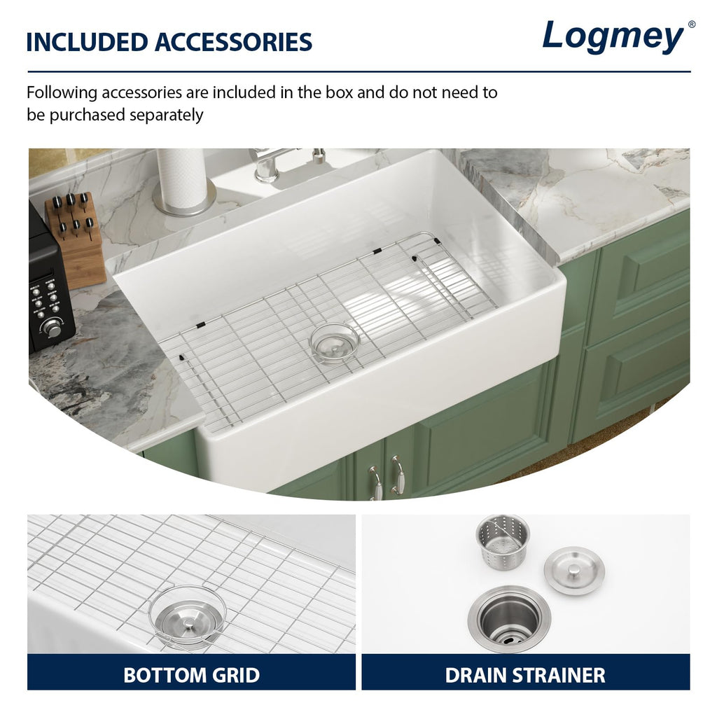 White Fireclay Farmhouse Sink 33x20x9 Inch Ceramic Apron Front Farm Sinks with Bottom Grid & Drain