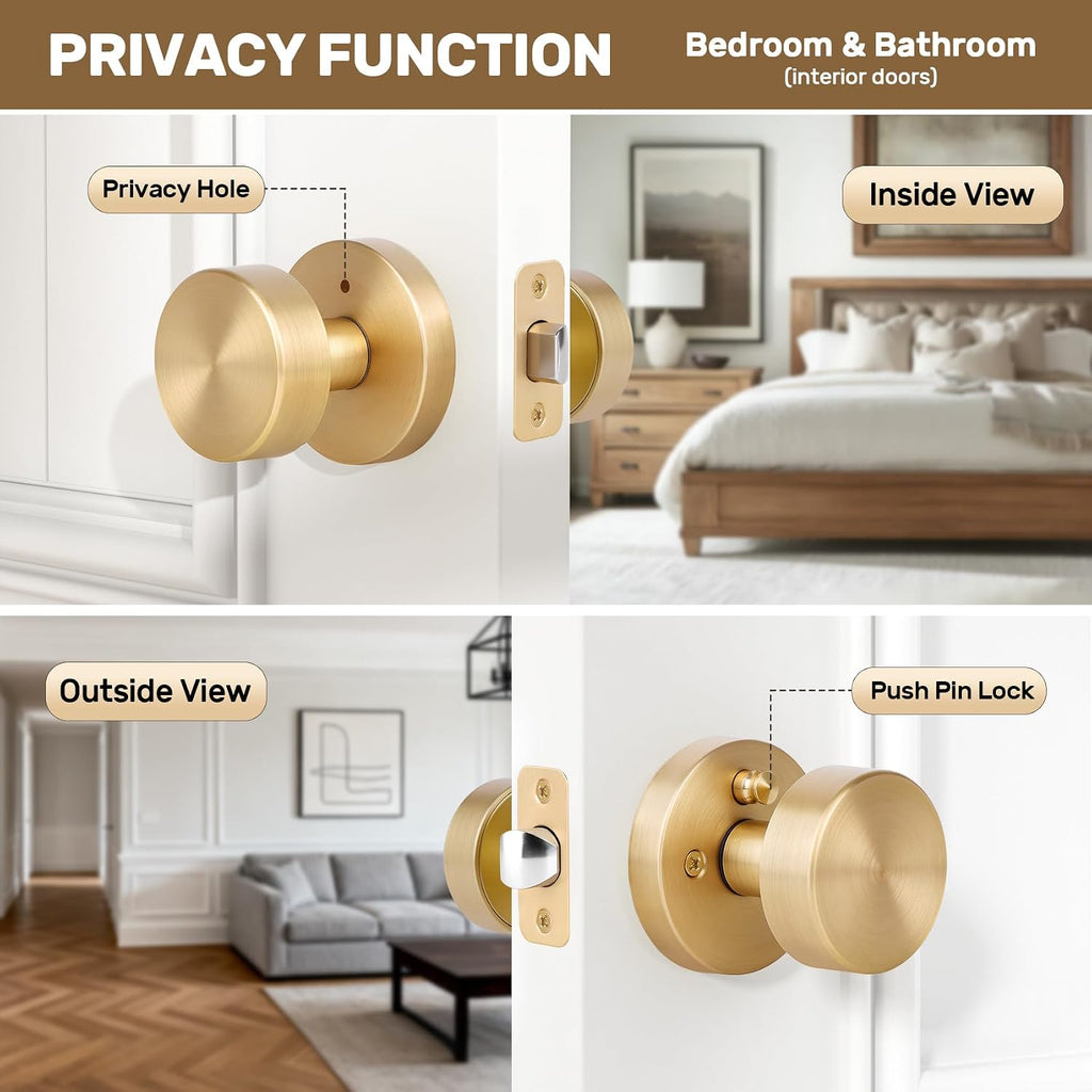 Satin Brass Door Knob Interior Privacy Door Knobs with Lock, Brushed Brass Door Knobs Modern Round Gold Door Handles