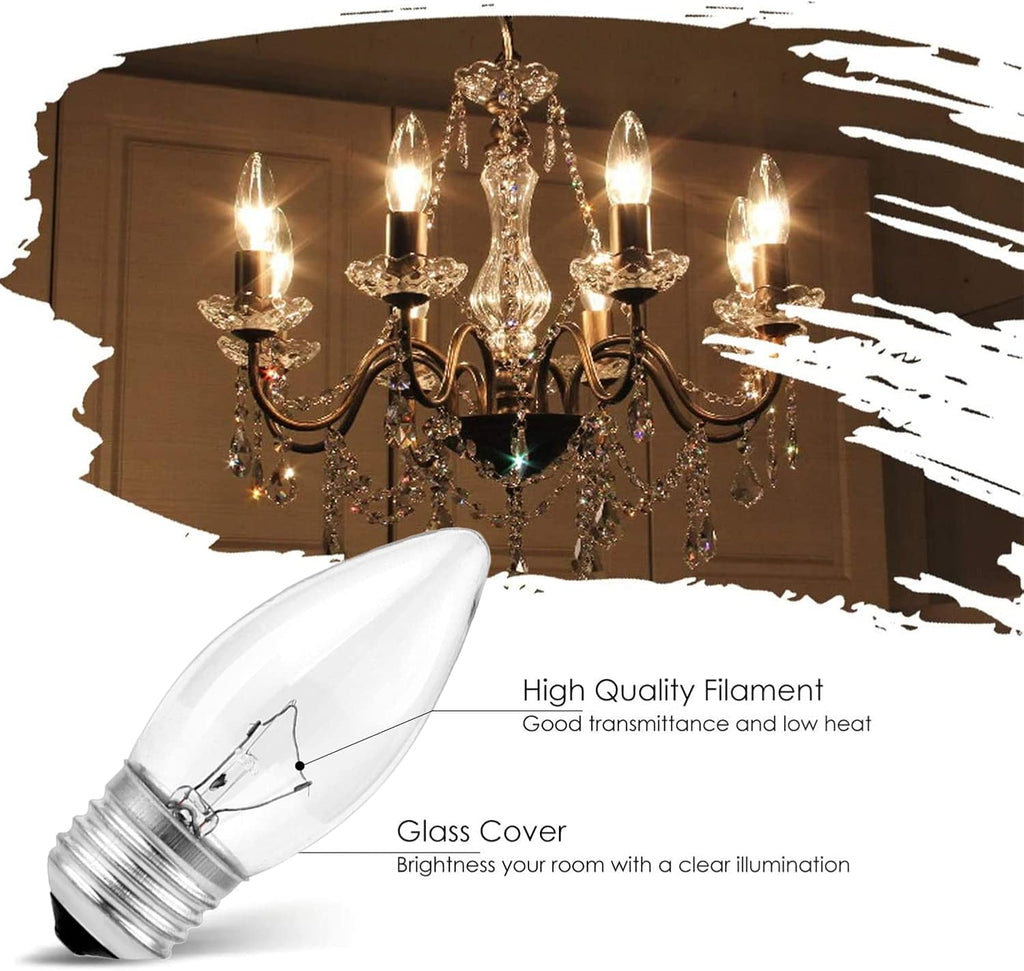40W Incandescent Torpedo Tip Chandelier with Crystal Clear Incandescent Light Bulbs,Flame Tip Light Bulbs, CFL, LED &