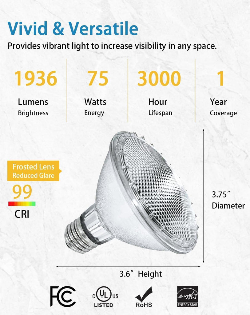 Par30 75W Short Neck Halogen Flood Light Bulbs, E26 Medium Base, 2700K Warm Lighting, 120V, Long Lasting Life High