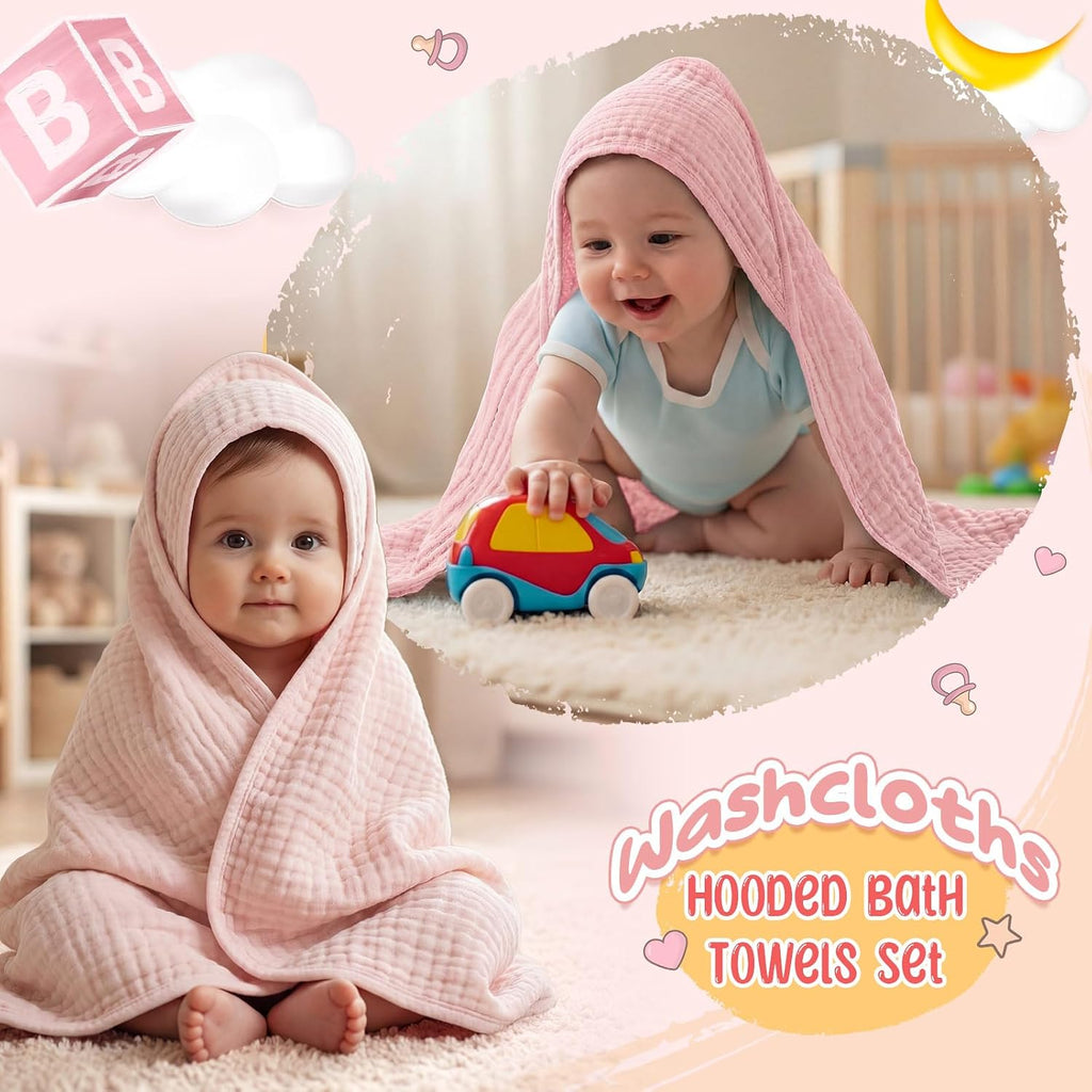 12 Pcs Muslin Hooded Baby Bath Towel Set, Pink Series