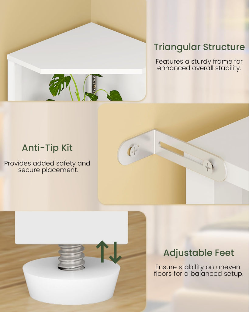 LED Corner Shelf with Lights, 5-Tier Diamond Shape Bookshelf, Standing Narrow Storage Organizer, Study, White