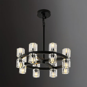 Black Wagon Wheel Chandelier, 18" Modern Farmhouse Chandelier, 16-light Chandelier for Living Room, K9 crystal Chandeliers for Dining Room ,Rustic Round Hanging Light Fixture(bulbs included) A117-B0D7TDCJK8