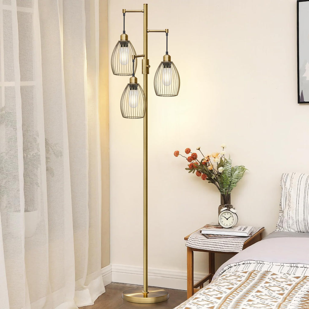 Dimmable Floor Lamp, 3 x 800LM LED Edison Bulbs Included, Farmhouse Industrial Floor Lamp Standing Tree Lamp
