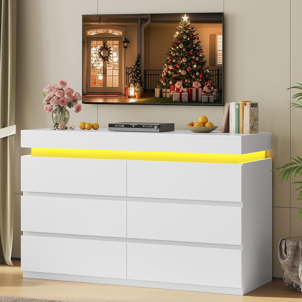 6 Drawer Dresser with LED Light, White Modern Chest of Drawers ,Closet Dressers with Drawers