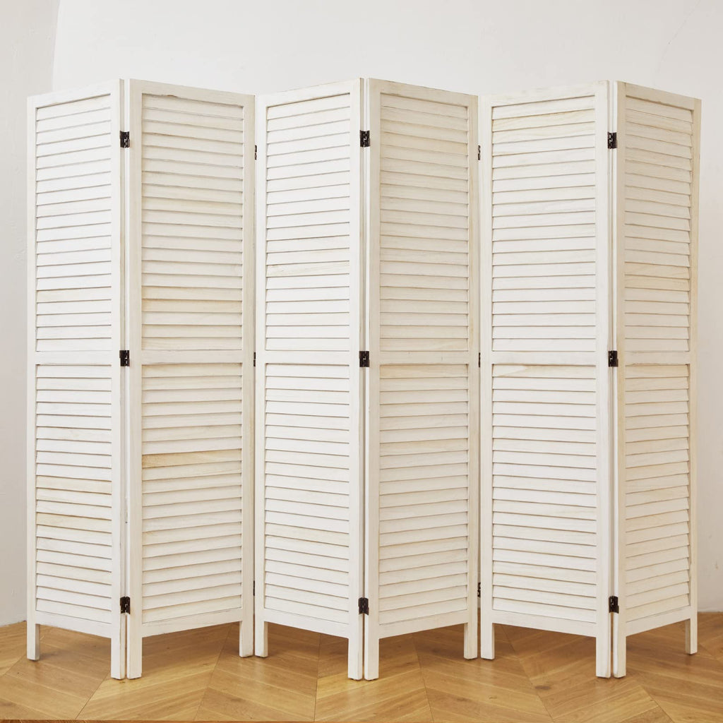 White Room Divider, Temporary wall with Double Hinges, 5.6 Ft Tall Folding Louver Wood Screen Bedroom Hotel