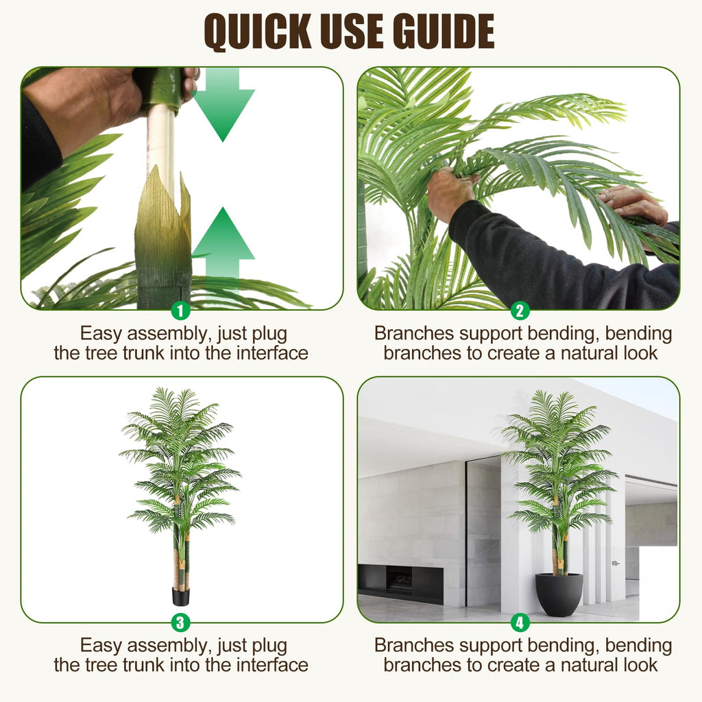 7ft Tall Triple Golden Cane Palm Artificial Tree Large Tropical Palm Tree UV Resistant Fake Plant in Pot for Indoor