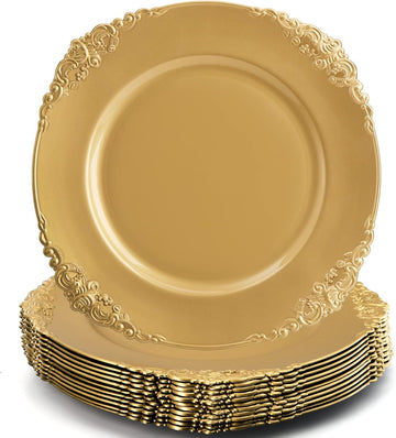 12 Pack Gold Charger Plates, 13" Round Dinner Charger Plates with Embossed Rim for Catering, Wedding, Tabletop Decor
