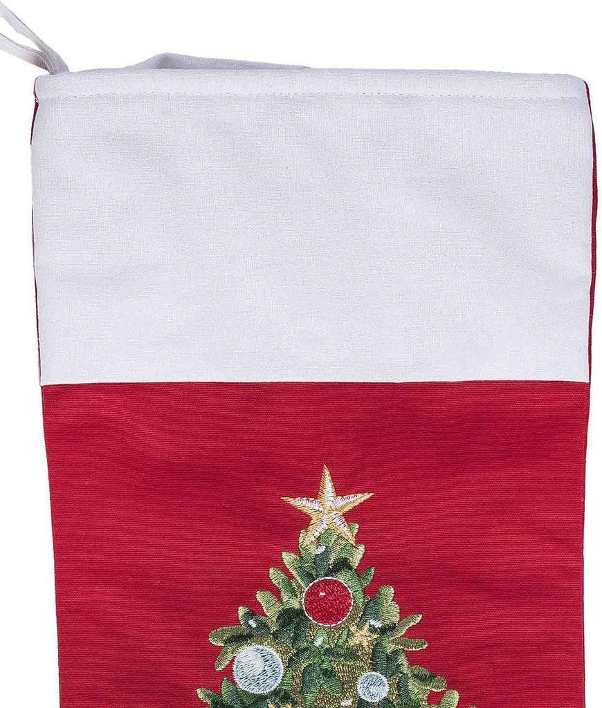Tree & Presents Embroidered 100% Cotton Hanging Christmas Stocking 20"