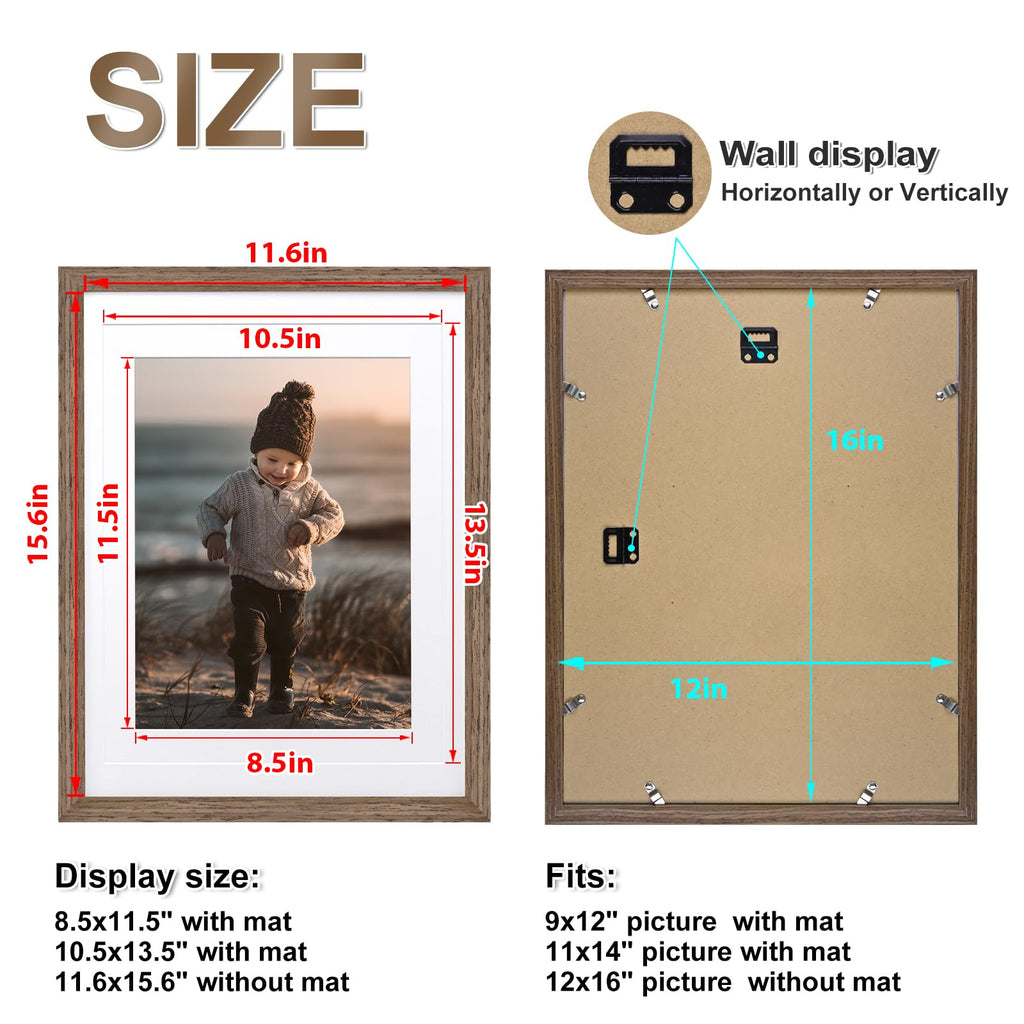 12x16 Picture Frame Rustic Brown Solid Wood 4 Pack, Mat 11x14/9x12