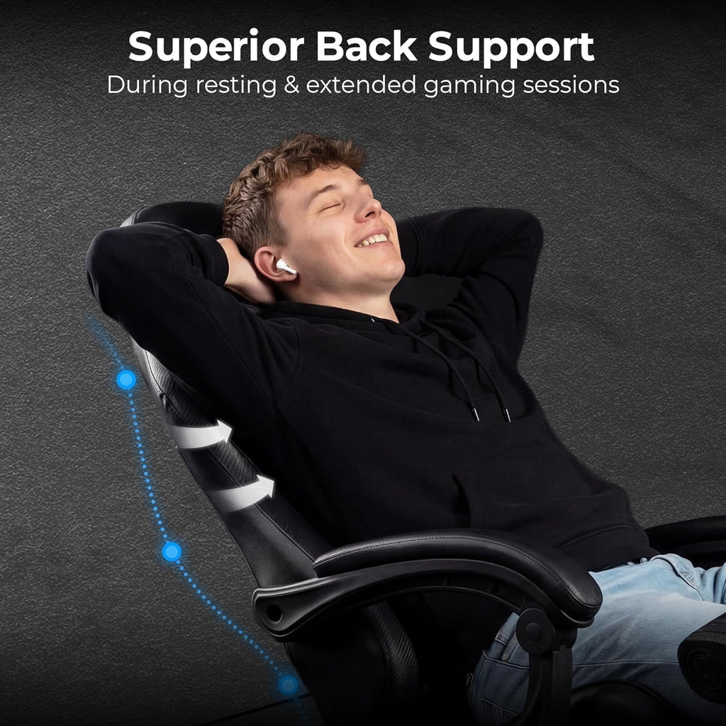 Gaming Chair with Footrest, Lumbar Support, High-Back, Black | Reclining Backrest, Linkage Armrests, Durable PU