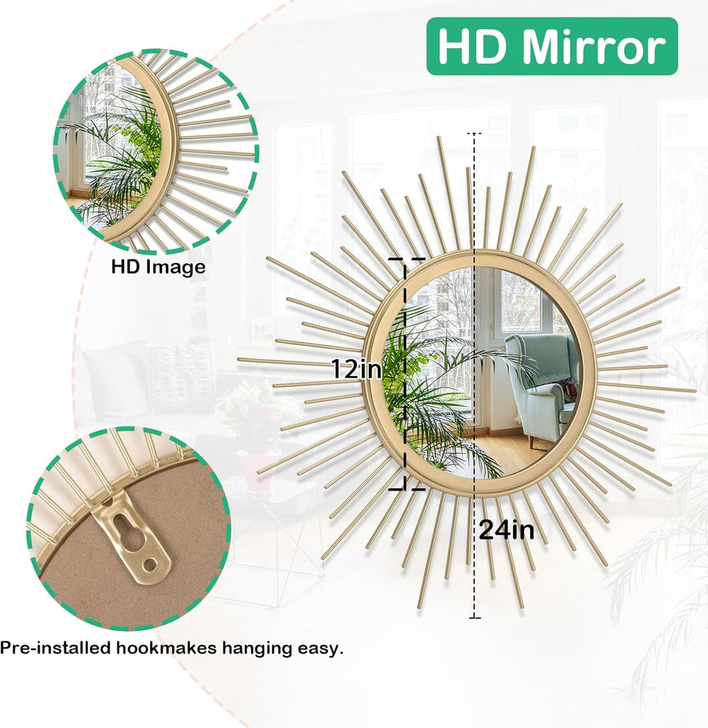 Gold Mirrors for Wall Metal Sunburst Wall Mirrors Home Décor Decorative Hanging Wall Art Bedroom Entryway Large 24" x
