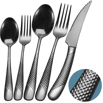 Hammered Black Stainless Steel 20-Piece Modern Flatware Set