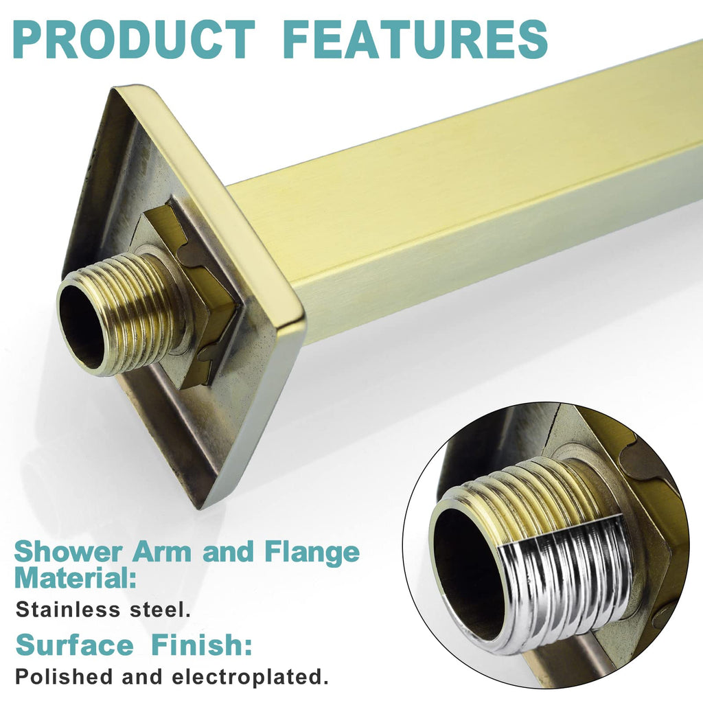 24 Inch Brushed Gold Ceiling Mount Shower Arm and Flange, Square Rain Shower Arm