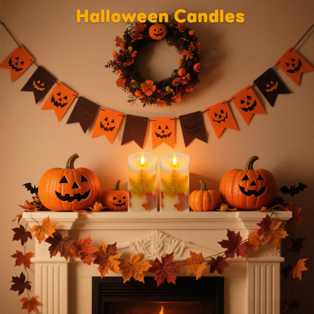 Maple Leaves Flameless Candles Set of 2, Fall Candles with Remote & Timer