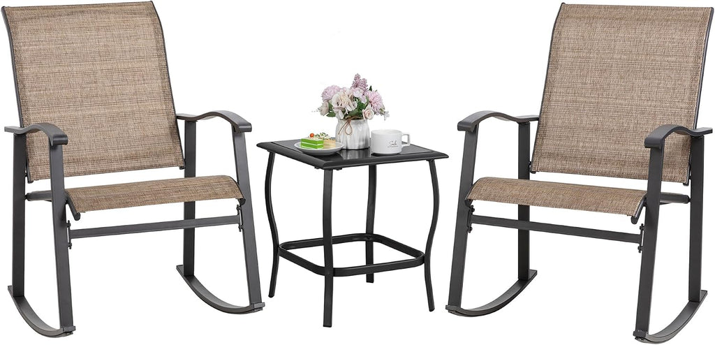 Rocking Chair Outdoor with Table, 3 Piece Rocking Patio Bistro Set, Outdoor Furniture Set with Metal Frame and