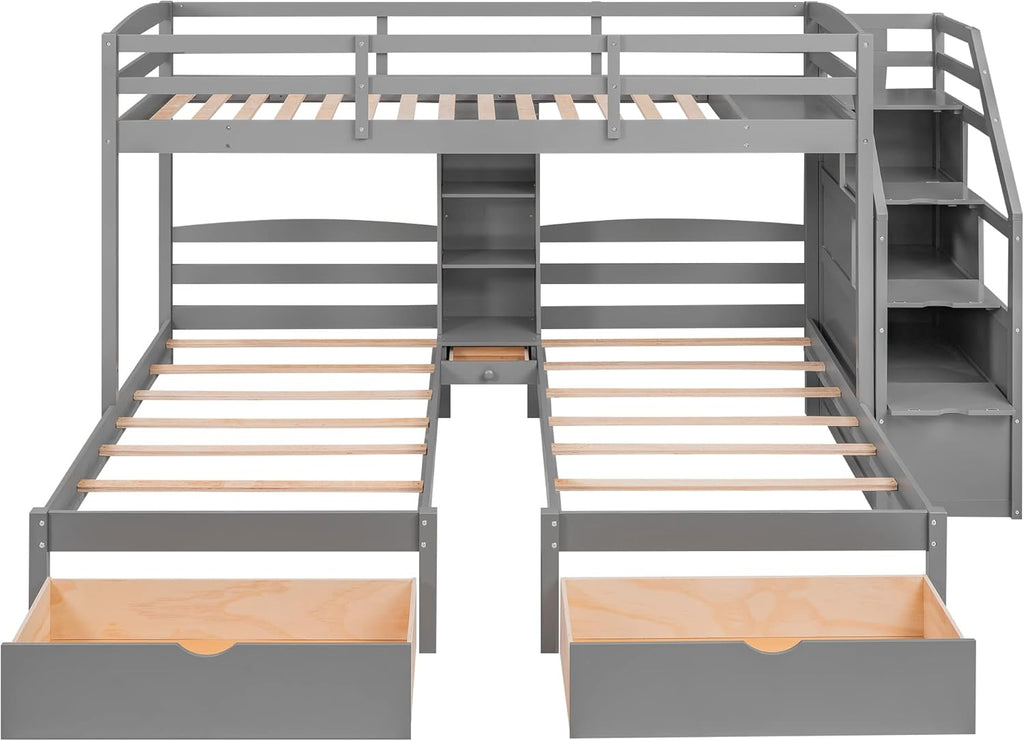 Triple Bunk Bed with Stairs, Twin Over Twin & Twin Bunk Bed for 3, Triple Bunk Bed with Drawers