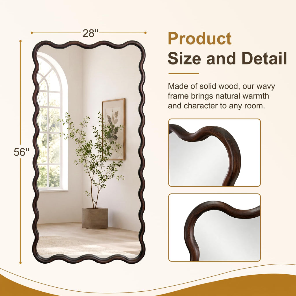 Full Length Mirror, 56"x28" Boho Wavy Floor Mirror, Dark Brown