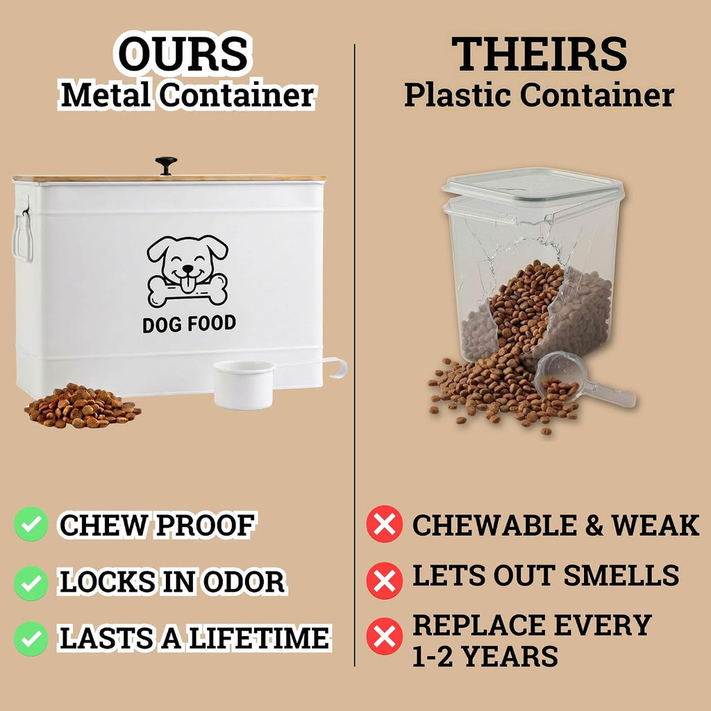 Metal Dog Food Container 15-20 lbs w/ Airtight Bamboo Lid, 70 Cup Capacity
