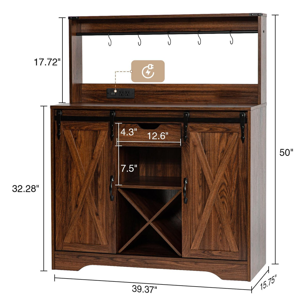 Farmhouse Coffee Bar Cabinet with Charging Station and USB, Brown