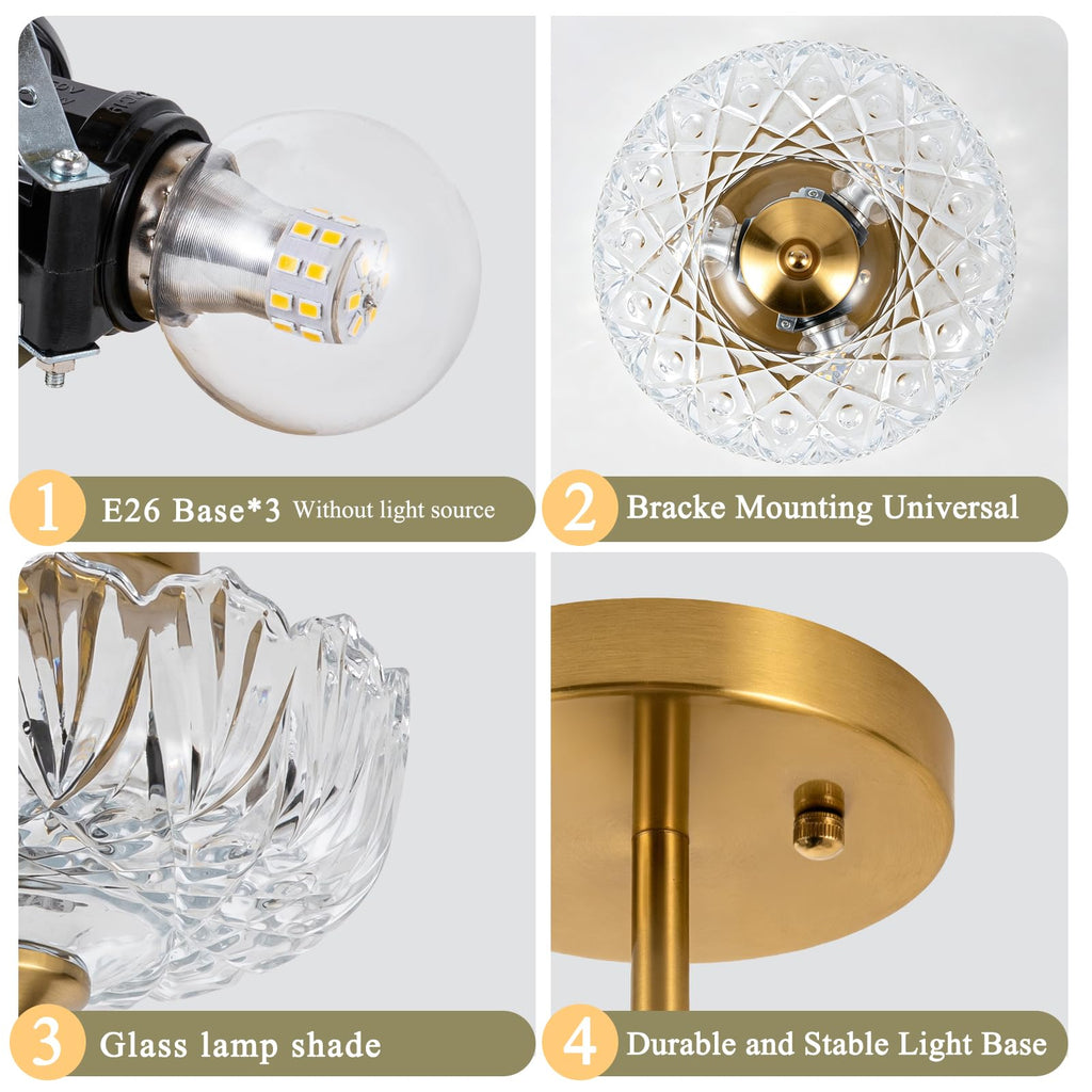 Vintage Ceiling Light, Semi Flush Mount Ceiling Light 9.44 Inch E26 Small Transparent Glass Ceiling Lighting Kitchen