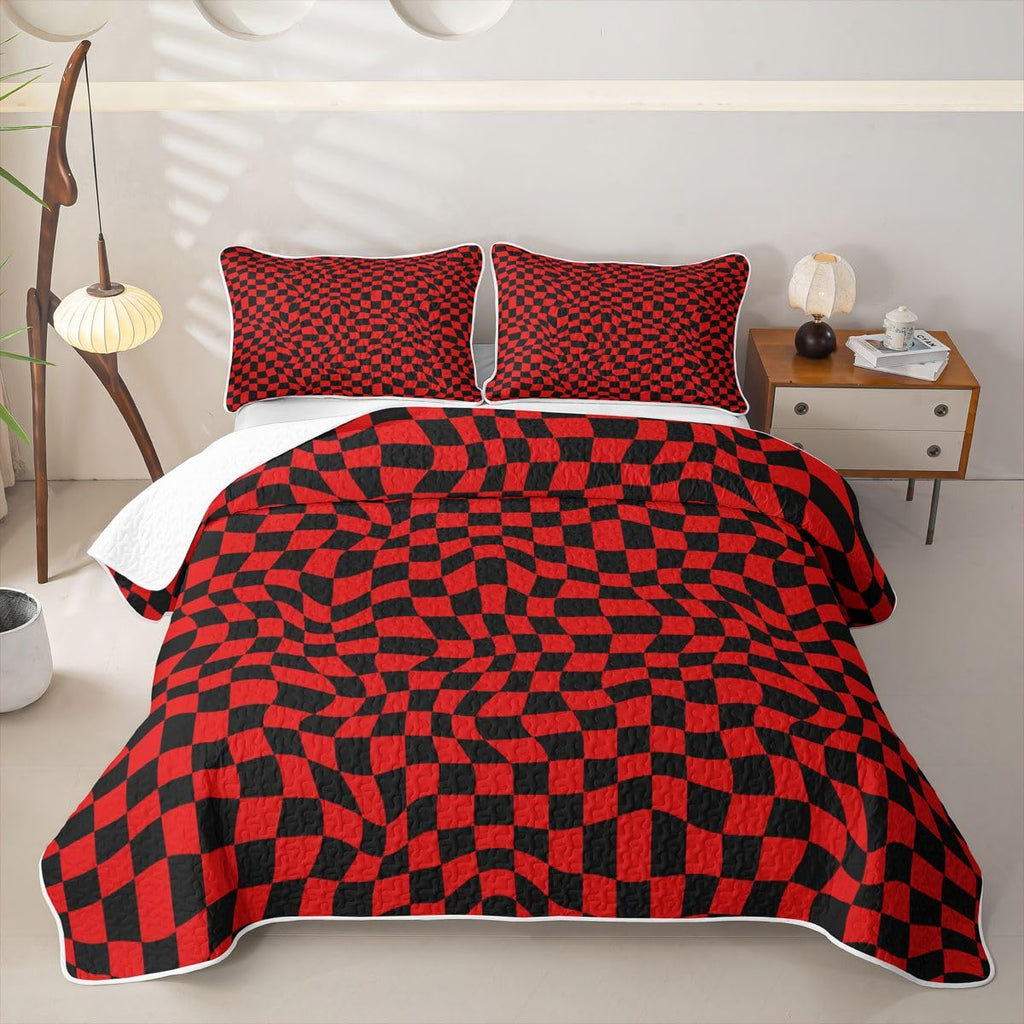 Buffalo Plaid Quilts - Red and Black Bedspread Coverlet Set, Geometric Wavy Grid Quilt Coverlets 3 Pieces