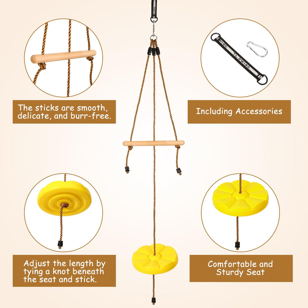 Disc Swing for Kids Outdoor Circle Tree Swings with Monkey Bars Yellow
