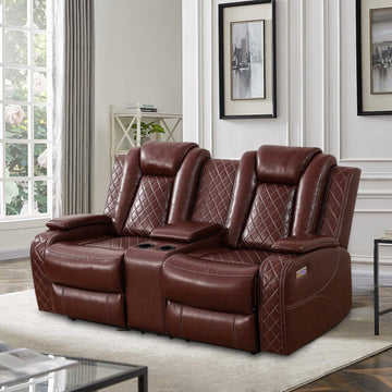 Power Recliner Loveseat, Air Leather Reclining Couch with LED/Cup Holders/Storage, 2-Seater Reclining Sofa, Burgundy
