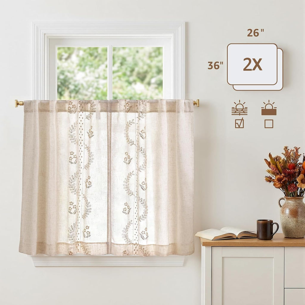 Linen Floral Kitchen Curtains 36 inch Length Embroidered Farmhouse Cafe Curtains for Living Room Bathroom
