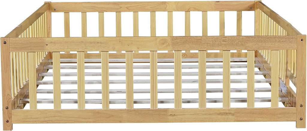 Floor Bed Frame with Fence and Door for Kids, Montessori Floor Bed with Slats and Safety Guardrails, Solid