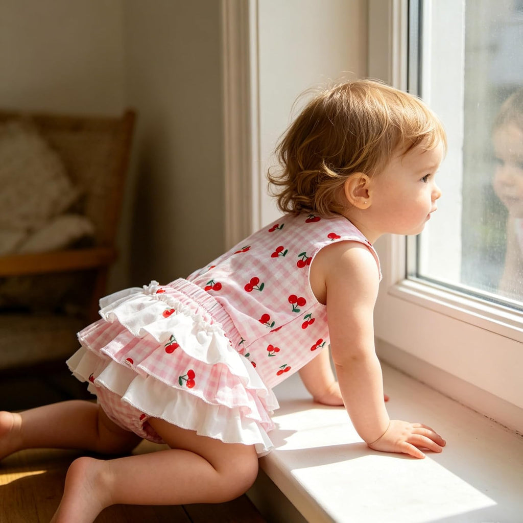 Toddler Baby Girl 2Pcs Summer Clothes Cherry plaid Sleeveless Top & Ruffle Bloomer Skirt Set