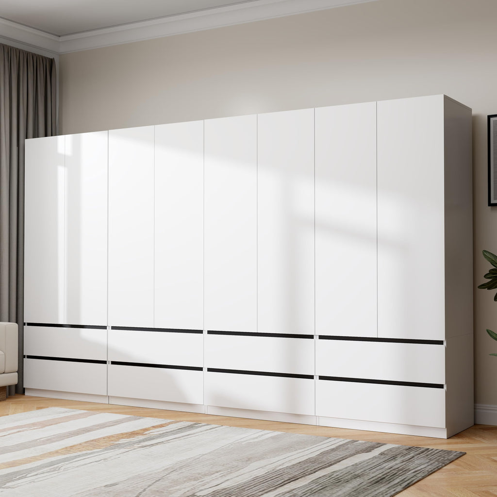 White Armoire Wardrobe Closet with 8 Drawers: 75" H x 126" W