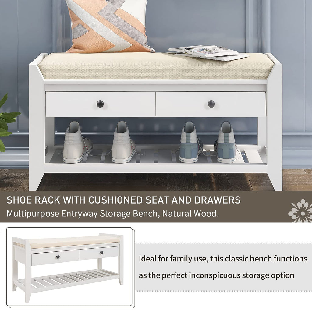 Farmhouse Wood Shoe Bench with Storage and Seat Cushion Entryway Bench with Shoe Shelf and Drawers White