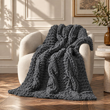 Chunky Knit Blanket Throw - 100% Hand Knitted Chunky Throw Blanket for Couch, Thick and Warm Blanket for Winter, Dark