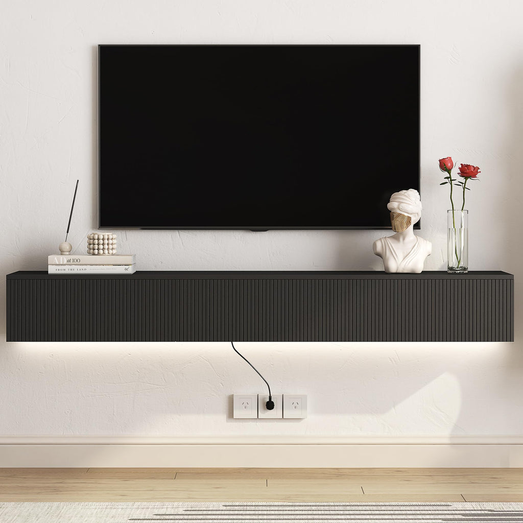 Mesa Flotante para TV 69 inch, Black Floating TV Stand Wall Mounted, Floating Entertainment Center with Fluted