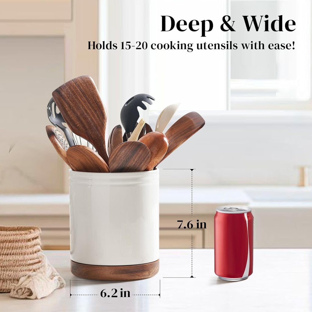 7.6" 360° Rotating Utensil Holder, Kitchen Utensil Holder for Countertop,Large Ceramic Utensil Crock Decor
