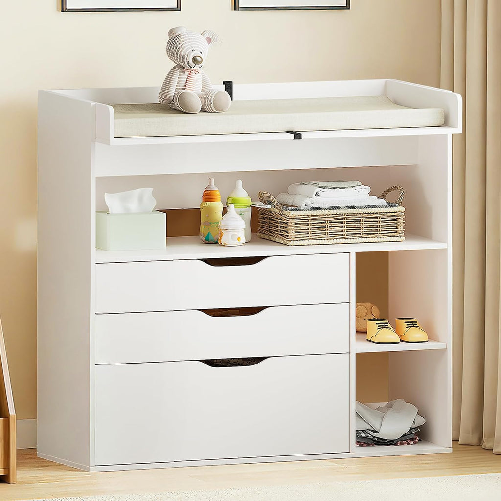 Baby Changing Table Dresser with 3 Drawers and 3 Storage Shelves, Can be Used as a Baby Dresser with Changing Table
